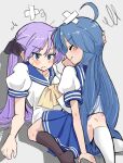  2girls blue_eyes blue_hair blue_skirt closed_eyes highres hiiragi_kagami izumi_konata looking_at_another lucky_star moccaexe mole mole_under_eye multiple_girls purple_hair school_uniform shadow skirt yuri 