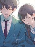  backlighting closed_eyes collared_shirt couple earphones highres leaning_on_person mele_ck red_tie school_uniform shirt sleeping sleeping_on_person smile 
