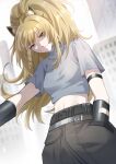  1girl absurdres animal_ear_fluff animal_ears arknights arm_strap bangs belt black_pants blonde_hair breasts chain_necklace chinese_commentary commentary_request cowboy_shot crop_top eyebrows_visible_through_hair grey_shirt hand_in_pocket highres jinyujinyi lion_ears long_hair looking_at_viewer midriff navel official_alternate_costume pants ponytail shirt short_sleeves siege_(arknights) siege_(city_destroyer)_(arknights) small_breasts smile solo standing stomach yellow_eyes 