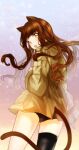  1girl absurdres animal_ears black_legwear black_panties brown_hair cat_ears cat_girl cat_tail coat code_none cowboy_shot eyebrows eyebrows_visible_through_hair fate/extra fate_(series) feet_out_of_frame floating_hair from_behind highres kishinami_hakuno_(female) long_hair long_sleeves looking_back open_mouth panties shiny shiny_hair single_thighhigh solo standing tail thigh-highs thighs underwear very_long_hair yellow_coat yellow_eyes 