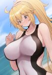  1girl bangs bare_shoulders blonde_hair blue_eyes blue_sky breasts collarbone fate/grand_order fate_(series) high_ponytail highres jeanne_d&#039;arc_(fate) jeanne_d&#039;arc_(swimsuit_archer)_(fate) large_breasts long_hair one-piece_swimsuit pononozo sky smile solo swimsuit very_long_hair 
