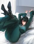  1girl bed black_footwear black_hair breasts curtains dress fubuki_(one-punch_man) green_dress green_eyes high_heels highres jewelry large_breasts necklace one-punch_man pearl_necklace pillow short_hair sitting spykeee1945 taut_clothes taut_dress 