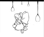  1980s_(style) 1girl bad_id bad_twitter_id bangs blunt_bangs bobby_socks bow bucket commentary_request dress fairy_maid_(touhou) fairy_wings frilled_dress frills full_body greyscale hair_bow lamp monochrome mop puffy_short_sleeves puffy_sleeves retro_artstyle short_hair short_sleeves socks takemoto_izumi_(style) touhou wings yatyou 