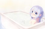 1girl absurdres bangs bath bathing bathtub blue_eyes blue_hair blush commentary_request completely_nude dated eyebrows_visible_through_hair gochuumon_wa_usagi_desu_ka? hair_between_eyes highres kafuu_chino long_hair looking_at_viewer looking_back nude open_mouth partially_submerged solo troll_z0r 