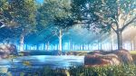  blue_sky commentary_request dandelion dappled_sunlight day flower forest grass hachio81 highres landscape leaf light_rays nature no_humans original outdoors pond rock scenery sky sunlight tree 