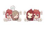  1girl 2boys absurdres asch_(tales) brown_hair chibi closed_mouth flower green_eyes hair_over_one_eye highres hitsujinu long_hair looking_at_another luke_fon_fabre multiple_boys music open_mouth redhead short_hair singing tales_of_(series) tales_of_the_abyss tear_grants white_background 