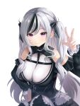  1girl azur_lane bangs bare_shoulders between_breasts black_hair black_legwear breasts closed_mouth commentary cowboy_shot detached_sleeves elbe_(azur_lane) eyebrows_visible_through_hair fang frilled_sleeves frills grey_hair hair_ornament hair_ribbon hand_on_hip highres large_breasts long_bangs long_hair long_sleeves looking_at_viewer multicolored_hair parted_bangs raurashun ribbon shadow silver_hair simple_background skin_fang smile solo two-tone_hair two_side_up violet_eyes w white_background 