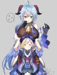  &gt;_&lt; 2girls :t ahoge aile_(crossroads) annoyed artist_name bangs bead_necklace beads bell black_gloves blue_hair breast_rest breasts breasts_on_head coin_hair_ornament commentary eyebrows_visible_through_hair flying_sweatdrops ganyu_(genshin_impact) genshin_impact gloves grey_background hair_between_eyes hat height_difference highres horns jewelry large_breasts light_purple_hair long_hair multiple_girls neck_bell necklace ofuda open_mouth qiqi_(genshin_impact) simple_background speech_bubble spoken_sweatdrop sweatdrop very_long_hair violet_eyes wide_sleeves 