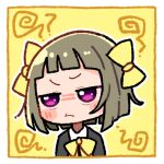  angry black_jacket blush_stickers bob_cut bow bowtie chibi closed_mouth garubegaru hair_bow jacket light_brown_hair looking_afar love_live! love_live!_nijigasaki_high_school_idol_club nakasu_kasumi pink_eyes shirt solo squiggle upper_body white_shirt yellow_background yellow_bow younger 