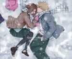  1boy 1girl backpack bag bakugou_katsuki blazer blonde_hair boku_no_hero_academia brown_footwear brown_hair closed_eyes collared_shirt gloves green_pants green_skirt hand_in_another&#039;s_hair hand_in_pocket hetero imminent_kiss jacket kaki_piyo kiss kissing_forehead lying on_side pants pantyhose pink_gloves plaid plaid_scarf pleated_skirt scarf school_uniform shirt short_hair sidelocks skirt snow spiky_hair u.a._school_uniform uraraka_ochako white_shirt 