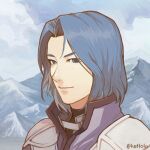  1boy armor artist_name blue_eyes blue_hair blue_sky coat commentary english_commentary fire_emblem fire_emblem:_radiant_dawn forehead grey_coat keffolo looking_at_viewer male_focus mountain outdoors portrait short_hair shoulder_armor sky smile solo twitter_username zihark_(fire_emblem) 