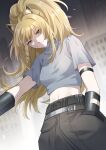  1girl absurdres animal_ear_fluff animal_ears arknights arm_strap bangs belt black_pants blonde_hair breasts chain_necklace chinese_commentary commentary_request cowboy_shot crop_top eyebrows_visible_through_hair grey_shirt hand_in_pocket highres jinyujinyi lion_ears long_hair looking_at_viewer midriff navel official_alternate_costume pants ponytail shirt short_sleeves siege_(arknights) siege_(city_destroyer)_(arknights) small_breasts smile solo standing stomach yellow_eyes 