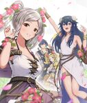  1boy 3girls :d arm_up armlet bangs bare_shoulders belt blonde_hair blue_eyes blue_hair blush bouquet breasts brown_eyes camisole chrom_(fire_emblem) commentary_request dress father_and_daughter fire_emblem fire_emblem_awakening flower gonzarez grin hair_between_eyes hair_flower hair_ornament hand_on_hip highres lissa_(fire_emblem) long_hair looking_at_viewer lucina_(fire_emblem) medium_breasts multiple_girls open_mouth pink_flower robin_(fire_emblem) robin_(fire_emblem)_(female) smile twintails upper_body white_background white_dress white_flower 