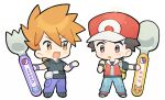  2boys :d backpack bag bangs blue_oak blush brown_eyes character_name chinese_commentary collared_shirt commentary_request hat holding holding_spoon holding_spork jacket jewelry male_focus multiple_boys necklace open_mouth pants pokemon pokemon_(game) pokemon_frlg rata_(m40929) red_(pokemon) red_headwear shirt shoes short_hair smile spiky_hair spoon standing tongue vs_seeker wristband yellow_bag 