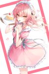  1girl bangs beliatan cake cake_slice cowboy_shot cream dress eyebrows_visible_through_hair food fork frilled_dress frills from_side fruit hair_between_eyes hands_up heart highres holding holding_fork idolmaster idolmaster_cinderella_girls jougasaki_mika long_hair looking_at_viewer maid maid_headdress pink_dress pink_hair plate ribbon short_sleeves strawberry strawberry_shortcake tray utensil_in_mouth 