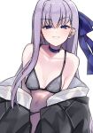  1girl akitokage bangs bare_shoulders bikini black_bikini black_jacket blue_eyes blue_ribbon blush breasts choker collarbone commentary_request eyebrows_visible_through_hair eyelashes fate/extra fate/extra_ccc fate/grand_order fate_(series) grin hair_between_eyes hair_ribbon jacket leaning_forward long_hair long_sleeves looking_at_viewer meltryllis_(fate) meltryllis_(swimsuit_lancer)_(fate) meltryllis_(swimsuit_lancer)_(first_ascension)_(fate) navel off_shoulder parka purple_hair ribbon sleeves_past_fingers sleeves_past_wrists small_breasts smile solo swimsuit very_long_hair white_background 