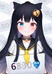  1girl absurdres animal_ears bangs bell benghuai_xueyuan black_hair blue_eyes blush cat_ears closed_mouth crystal hair_ornament heterochromia highres hongshi_(13234456009) honkai_(series) ling_yi_(benghuai_xueyuan) long_hair looking_at_viewer neck_bell neckerchief red_eyes school_uniform serafuku shirt solo white_background white_shirt yellow_neckerchief 