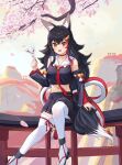  1girl absurdres animal_ear_fluff animal_ears bell black_hair black_skirt cherry_blossoms highres hololive japanese_clothes midriff multicolored_hair oksuri ookami_mio redhead sitting_on_torii skirt stomach streaked_hair tail tail_around_leg tail_wrap thigh-highs torii virtual_youtuber white_hair wolf_ears wolf_girl wolf_tail 