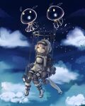  1girl boots chain chair closed_mouth clouds expressionless floating goggles goggles_on_head gradient_sky grey_hair helmet highres knees_together_feet_apart original outdoors see-through shichishiki_mayoi sitting sky solo twilight yellow_eyes 