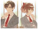  1boy 1girl artem_wing_(tears_of_themis) bangs black_jacket blue_eyes bow brown_hair closed_mouth formal glasses green_eyes hair_bow hand_on_own_chin highres jacket koeda_(k83_4) long_hair long_sleeves necktie polo_shirt ponytail red_necktie rosa_(tears_of_themis) short_hair tears_of_themis 