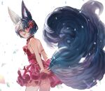  1girl 2nii animal_ears artist_name ascot backless_dress backless_outfit bangs blue_nails blush breasts confetti cowboy_shot dress erune fangs fluffy granblue_fantasy hair_ornament looking_at_viewer looking_to_the_side multiple_tails open_mouth red_dress red_eyes short_hair sideboob small_breasts smile solo sparkle tail teeth upper_teeth you_(granblue_fantasy) 