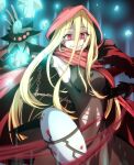  1girl beads blonde_hair breasts casting_spell chain cloak detached_sleeves dress elbow_gloves evileye_(overlord) eyebrows_visible_through_hair fang gloves glowing glowing_eyes hair_ornament highres hood hooded_cloak long_hair magic mask overlord_(maruyama) red_cloak red_eyes red_hood shaded_face sleeveless sleeveless_dress solo upper_body vampire yanu 