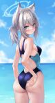  1girl adjusting_clothes adjusting_swimsuit ahoge animal_ear_fluff animal_ears ass bangs bare_arms bare_shoulders blue_archive blue_eyes blue_sky blue_swimsuit blurry blush breasts cat_ears clouds competition_swimsuit cowboy_shot day eyebrows_visible_through_hair from_behind hair_between_eyes hair_ornament hairclip highres long_hair looking_at_viewer looking_back marisasu_(marisa0904) one-piece_swimsuit open_mouth outdoors parted_lips ponytail shiroko_(blue_archive) sidelocks silver_hair sky solo standing swimsuit thighs water wet 