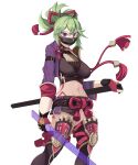  0m00n 1girl absurdres bangs black_legwear black_shirt breasts commentary_request crop_top genshin_impact green_hair hair_between_eyes highres holding holding_sword holding_weapon jacket kuki_shinobu large_breasts looking_at_viewer mask midriff mouth_mask navel open_clothes open_jacket ponytail purple_jacket scabbard sheath shirt short_hair simple_background solo stomach sword thigh-highs thigh_armor violet_eyes weapon white_background 