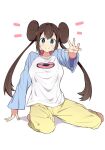  1girl adapted_costume blue_eyes bow breasts brown_hair double_bun doughnut_hair_bun large_breasts long_hair pants pink_bow pokemon pokemon_(game) pokemon_bw2 rosa_(pokemon) simple_background solo tottotonero twintails very_long_hair white_background 