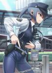  1girl armband bangs black_necktie blue_hair blue_headwear clenched_teeth commentary_request day from_side grey_eyes gun handgun hat highres holding holding_gun holding_weapon holster long_hair long_sleeves necktie original outdoors pants police police_hat police_uniform policewoman ponytail profile samaru_(seiga) shirt sidelocks sky solo sweat teeth uniform vest watch watch weapon weapon_request white_shirt 