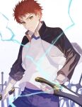  1boy commentary_request dual_wielding emiya_shirou expressionless fate/hollow_ataraxia fate/stay_night fate_(series) highres holding holding_sword holding_weapon jacket kanshou_&amp;_bakuya_(fate) kuromamechabita long_sleeves looking_at_viewer male_focus orange_hair raglan_sleeves redhead serious shirt short_hair simple_background solo sword upper_body weapon white_shirt yellow_eyes yin_yang 