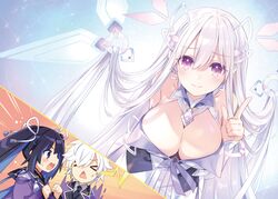  1boy 2girls breasts highres huge_breasts multicolored_hair multiple_girls pink_eyes tsunako white_hair 