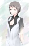  1girl breasts closed_mouth dress grey_eyes hazawa ico looking_at_viewer pointy_ears short_hair silver_hair simple_background smile solo tabard white_dress yorda 
