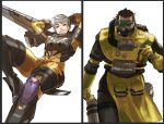  1boy 1girl apex_legends bodysuit boots brown_eyes brown_hair caustic_(apex_legends) gas_mask goggles grey_hair hair_slicked_back hazmat_suit highres jetpack mask metal_boots orange_bodysuit parted_lips short_hair smile thigh-highs thigh_boots thundergotch valkyrie_(apex_legends) white_background 