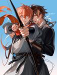  2boys aiming aiming_at_viewer armor arrow_(projectile) bangs blue_background bow_(weapon) brown_hair day donaldakron genshin_impact holding holding_weapon long_hair long_sleeves looking_at_viewer multiple_boys open_mouth ponytail simple_background standing sunlight tartaglia_(genshin_impact) twitter_username weapon wind zhongli_(genshin_impact) 