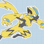  blue_eyes claws closed_mouth commentary fang fang_out furry grey_background grid_background kelvin-trainerk outline pokemon pokemon_(creature) solo twitter_username watermark yellow_fur zeraora 