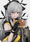  1girl :t absurdres arknights bangs bare_shoulders black_gloves black_ribbon burger commentary_request dress food food_on_face gloves grey_background grey_dress grey_hair hair_between_eyes hair_ribbon highres holding holding_food hyakutarou_(momotar0_4) long_hair musical_note red_eyes ribbon simple_background single_glove solo upper_body weedy_(arknights) 