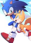  2boys :d blue_eyes blush eye_contact fox_boy friends furry furry_male gloves green_eyes highres looking_at_another male_focus misuta710 multiple_boys multiple_tails open_mouth red_footwear shoes smile sneakers sonic_(series) sonic_the_hedgehog tail tails_(sonic) two_tails white_gloves 