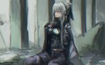  1girl absurdres ak-12_(girls&#039;_frontline) bangs black_pants breasts closed_mouth dashimaki_(dasimakitama50) feet_out_of_frame girls_frontline highres jacket long_hair long_sleeves looking_at_viewer one_eye_closed pants silver_hair solo tactical_clothes violet_eyes 