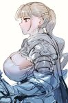  1girl armor blonde_hair bow_(bhp) braid breasts closed_mouth french_braid from_side gauntlets huge_breasts knight long_hair original pauldrons ponytail profile red_eyes shoulder_armor simple_background sketch solo white_background 