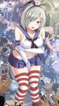  1girl 6+boys animal_ears arm_under_breasts bare_shoulders blue_eyes blue_skirt blush breasts cosplay elbow_gloves embarrassed fake_animal_ears gloves hair_ornament hairclip hamakaze_(kancolle) highres kantai_collection kuroame_(kurinohana) large_breasts leaning_forward looking_at_viewer multiple_boys open_mouth photographer pleated_skirt public_indecency rabbit_ears sailor_collar shimakaze_(kancolle) shimakaze_(kancolle)_(cosplay) short_hair silver_hair skirt solo_focus striped striped_legwear thigh-highs thong white_gloves 