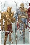  2boys absurdres armor bare_tree cape d_hunter_of_the_dead dark_souls_(series) dark_souls_i dual_wielding elden_ring from_software full_armor full_body gold_armor grey_background highres holding holding_sickle holding_weapon knight_lautrec_of_carim looking_at_viewer male_focus multiple_boys nslacka reflective_floor simple_background standing sword tree weapon 