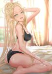  1girl ass blonde_hair breasts elf green_eyes highres kein_hasegawa long_hair looking_at_viewer medium_breasts morning on_bed original pointy_ears sitting sitting_on_bed sports_bra thighs very_long_hair 