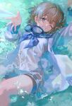  1girl ;d ahoge aqua_eyes blue_neckerchief dress goggles goggles_around_neck grey_hair grin highres hlymoriia idolmaster idolmaster_shiny_colors looking_at_viewer lying neckerchief on_back one_eye_closed partially_submerged sailor_dress serizawa_asahi smile solo splashing water wet wet_clothes wet_hair 