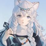  1girl animal_ear_fluff animal_ears arknights bangs bell blue_sky blush braid chinese_commentary circlet commentary_request day eyebrows_visible_through_hair holding holding_bell jewelry kuiqiu_kq leopard_ears long_hair looking_at_viewer necklace outdoors parted_lips pramanix_(arknights) silver_hair sky smile solo turtleneck twin_braids 