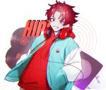  1boy blue_jacket commentary earrings headphones jacket jewelry long_sleeves looking_at_viewer male_focus nyamnyam0502 paradox_live red_eyes red_shirt redhead shirt short_hair smile solo sugasano_allen white_background 