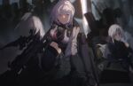  3boys 3girls absurdres ak-12 ak-12_(girls&#039;_frontline) ak-15_(girls&#039;_frontline) assault_rifle bangs bare_shoulders bbsinday black_footwear black_legwear braid breasts closed_eyes closed_mouth commentary_request eyebrows_visible_through_hair full_body girls_frontline gun highres holding holding_gun holding_weapon jacket kalashnikov_rifle large_breasts long_hair long_sleeves looking_at_viewer machine_gun multiple_boys multiple_girls rifle rpk-16 rpk-16_(girls&#039;_frontline) short_hair sidelocks silver_hair smile squatting tactical_clothes violet_eyes weapon 