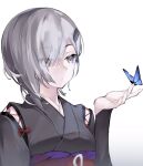  1girl asymmetrical_hair blue_butterfly bug butterfly butterfly_on_hand closed_mouth copyright_request grey_eyes grey_hair grey_kimono hand_up highres japanese_clothes kimono long_sleeves medium_hair neko_(ganecooo) obi red_sash sash simple_background solo white_background 