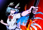  1girl absurdres black_background blue_hair bow breasts clenched_hand flaming_sword flaming_weapon food fruit gradient gradient_background hat highres hinanawi_tenshi leaf long_hair peach red_bow red_eyes short_sleeves sky small_breasts smile solo star_(sky) starry_sky sword_of_hisou touhou weedhollow_(dokuran) 