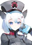  1girl animal_ears blue_archive blue_hair canteen closed_mouth gloves grey_gloves grey_jacket hat highres holding jacket long_sleeves looking_at_viewer medium_hair neko_(ganecooo) peaked_cap shigure_(blue_archive) simple_background smile solo violet_eyes white_background 